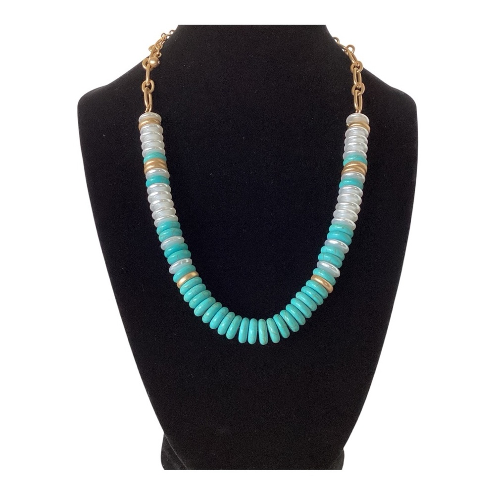 Southern Living Gold Tone Pearl And Turquoise Disc Collar Necklace